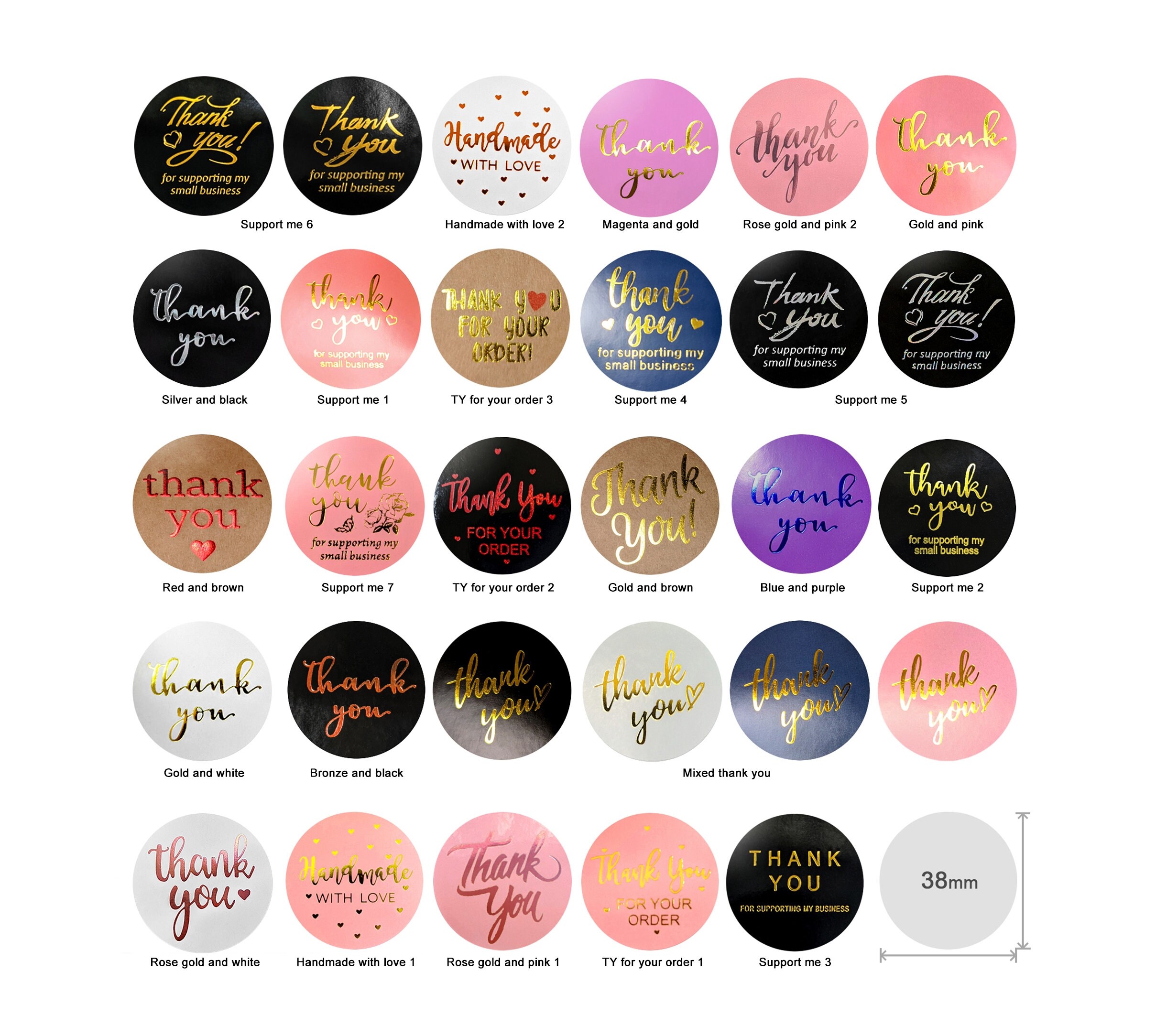 3.8cm Thank You Stickers Labels Large Round for Crafts Paper Gift Envelopes Seals Various Colours - 